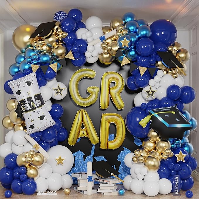 Graduation Party Decorations Graduation Balloon Arch Kit with 132PCS Royal Blue White Gold 32inch Gold GRAD Balloons for Congrats College High School Grad Balloons Class of 2026 Party Supplies