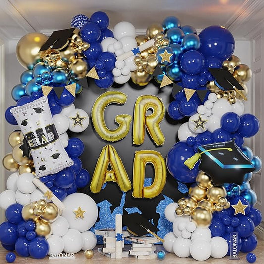Graduation Party Decorations Graduation Balloon Arch Kit with 132PCS Royal Blue White Gold 32inch Gold GRAD Balloons for Congrats College High School Grad Balloons Class of 2026 Party Supplies
