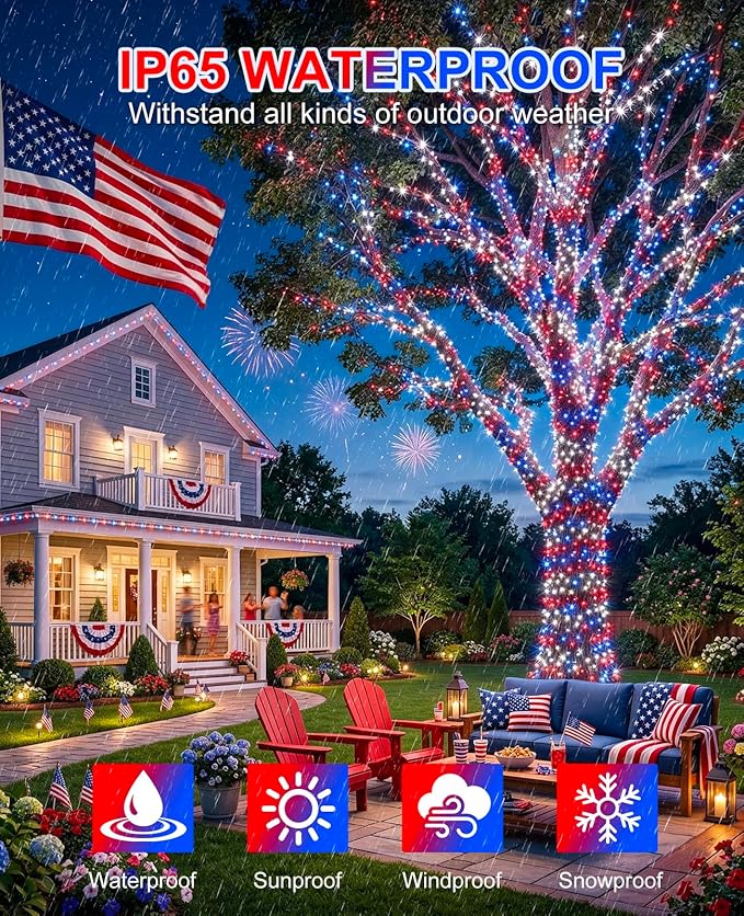 Red White and Blue String Lights, 80FT 240 LED 4th of July Lights Waterproof, Plug in 8 Modes Connectable Patriotic Fairy Light for Independence Day Indoor Patio Tree Party Decorations