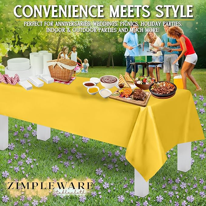 ZIMPLEWARE Premium Yellow Plastic Table Cloth Disposable (12 Pk) Plastic Tablecloths for Rectangle Tables (54in x 108in) Party Table Cloths Disposable for 6ft to 8ft Rectangle Tables