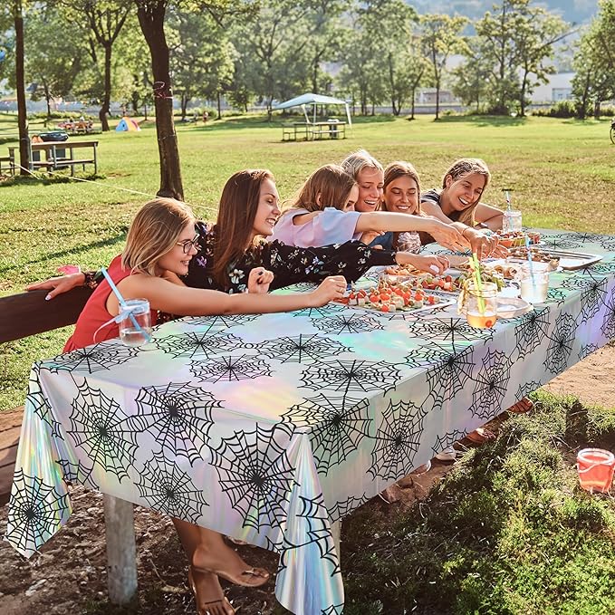 Cheerland Spiderweb Tablecloth Iridescent Holographic Foil Table Cover Halloween Decorations Disposable Plastic for Ghoul Birthday Bridal Shower Spooky Emo Gothic Summerween Party Supplies 2pcs