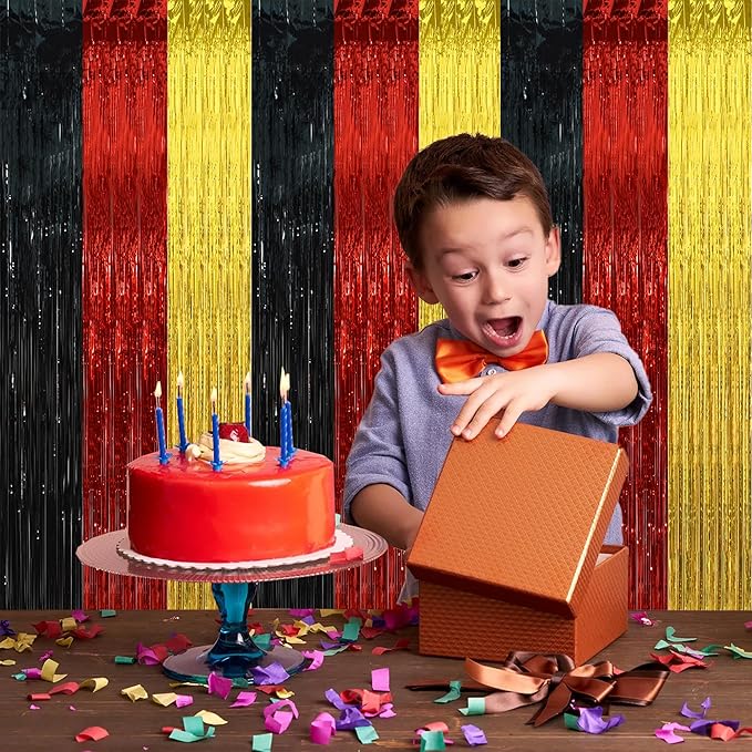 BEISHIDA 3Pcs Black Red Gold Door Streamer Colorful Backdrop Foil Fringe Tinsel Curtains Cartoon Mouse Backdrops for Birthday Baby Shower Children's Day New Year Party Decoration (3.28 ft x 6.56 ft)