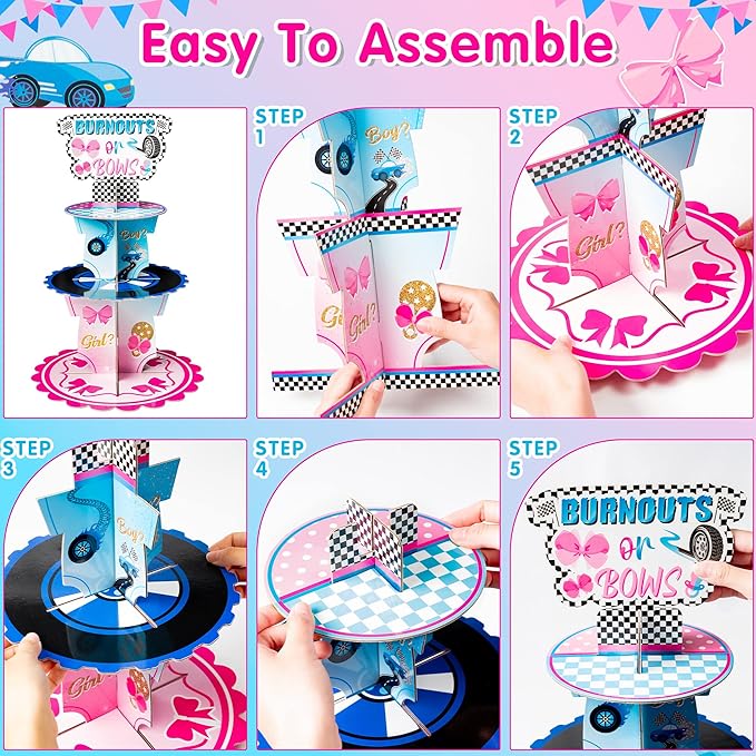Haooryx Burnout or Bow Gender Reveal Cupcake Stand - 3-Tier Pink Blue Racing Bow Cupcake Tower Cardboard Dessert Holder for Boy or Girl Baby Shower He or She Gender Reveal Party Table Decoration