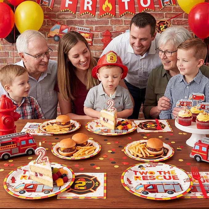 Haooryx Two the Rescue Party Tableware - 96Pcs Firefighter 2nd Birthday Decoration Red Yellow Fire Truck Themed Disposable Plates Napkins Forks for Kids 2 Years Old Birthday Party Table Decor Supply