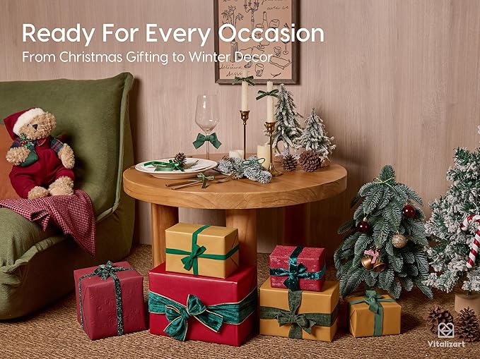 Vitalizart Green Velvet Ribbon 9 Rolls with Gift Tags Luxury Textured Ribbon for Christmas Gift Wrapping Tree Ornaments Bows Wreaths Holiday Decorations
