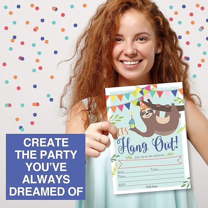 Hadley Designs Kids Birthday Invitations For Boys and Girls Sloth Theme - 25 Sloth Birthday Party Invitations For Boys, Let's Hang Out Invites For Girls, Cute Animal Party Supplies, Made In USA