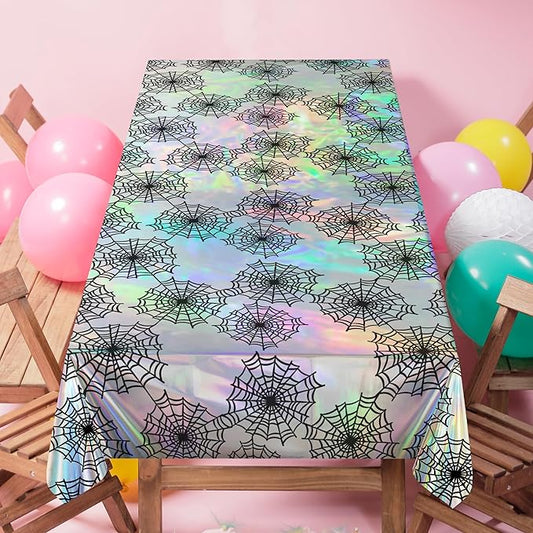 Cheerland Spiderweb Tablecloth Iridescent Holographic Foil Table Cover Halloween Decorations Disposable Plastic for Ghoul Birthday Bridal Shower Spooky Emo Gothic Summerween Party Supplies 2pcs