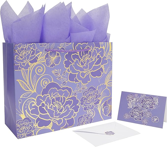Qirrmiy 13" Large Rose Purple Gift Bag Set with Greeting Card and Tissue Paper for Women or Girls for Celebrating Birthdays, Mother's Day, Valentine's Day, Weddings, Anniversaries