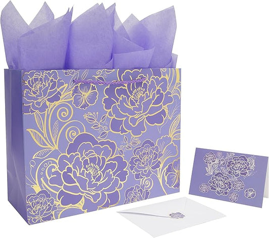Qirrmiy 13" Large Rose Purple Gift Bag Set with Greeting Card and Tissue Paper for Women or Girls for Celebrating Birthdays, Mother's Day, Valentine's Day, Weddings, Anniversaries