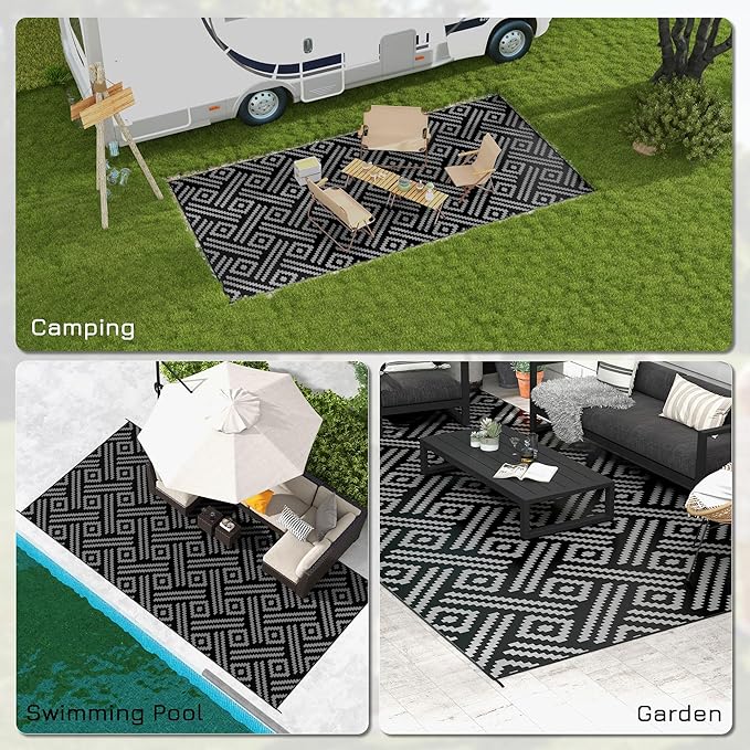 Outsunny Outdoor Rug for Patio, 9' x 18' Waterproof Large Mat, Reversible Plastic Straw Rug for Decor, Portable Outside RV Camping Area Carpet Mat for Backyard Porch Deck Picnic, Black Gray Geometric