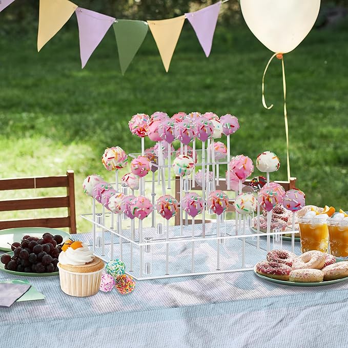 Cake Pop Stand, 3 Tier Square Lollipop Holder with 300 Pcs Accessories, Clear Acrylic Cakepop Display Stand 56 Holes for Birthday, Wedding, Party, Halloween, Christmas Candy Decorative