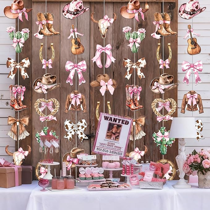 Cowgirl Coquette Garlands 8PCS Western Disco Cowgirls Hanging Decorations Cowgirl Hat and Boots Paper Garland Banner Cactus Pink Bow Decor for Girls Bachelorette Bridal Shower Supplies