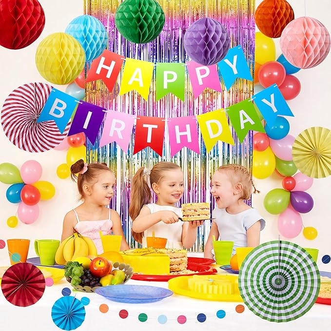 Rainbow Birthday Party Decorations Kit, 16 PCS Colorful Happy Birthday Banner with Foil Fringe Curtain, Paper Fans, Honeycomb Balls and Circle Dots Garland, Photo Backdrop Birthday Party Decor Baby Shower for Girls Boys Women