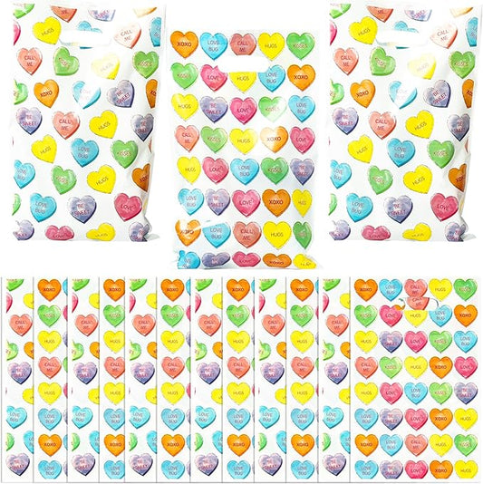 Haooryx Valentine's Gift Wrap Bags - 50Pcs Valentine's Day Colorful Conversation Heart Party Favor Gift Wraping Goodie Treat Bags Candy Birthday Classroom Return Gift Bulk Plastic Goodies Loot Bags