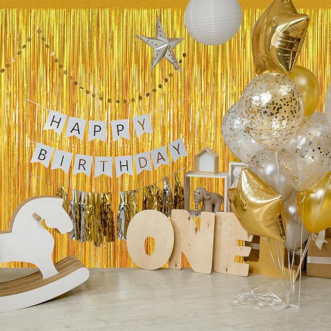 Gold Metallic Tinsel Foil Fringe Curtains Backdrop 2Pack 3.3x8.3Ft Gold Party Streamers for Birthday Party Decorations Halloween Christmas Decors Foil Curtain Backdrop for Bachelorette Wedding