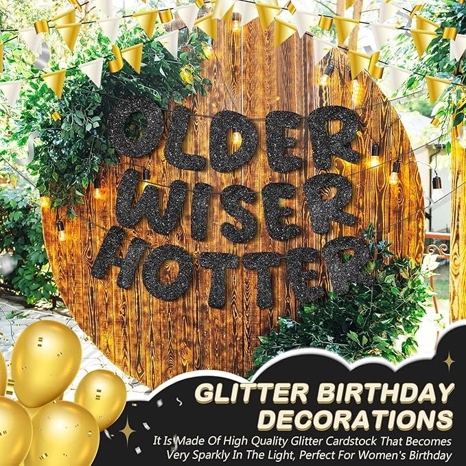 Fulmoon Set of 3 Pre Strung Older Wiser Hotter Glitter Banner Funny Birthday Banner for Women 30th 40th 50th 60th 70th 80th Birthday Party Decorations Sign Gift(Black)