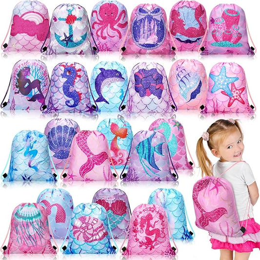 Shappy 24 Pack Drawstring Party Favors Bags Cartoon Animal Candy Goodie for Boys Birthday Kids Gift Return Girls Supplies(Mermaid)