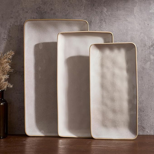 Famiware Serving Platter, Rectangular 15.67/14.1/12.6inch Serving Dishes for Entertaining, Microwave Dishwasher Safe, Stoneware Serving Trays for Party, Turkey, Cheese, Ocean Series, Cappuccino White