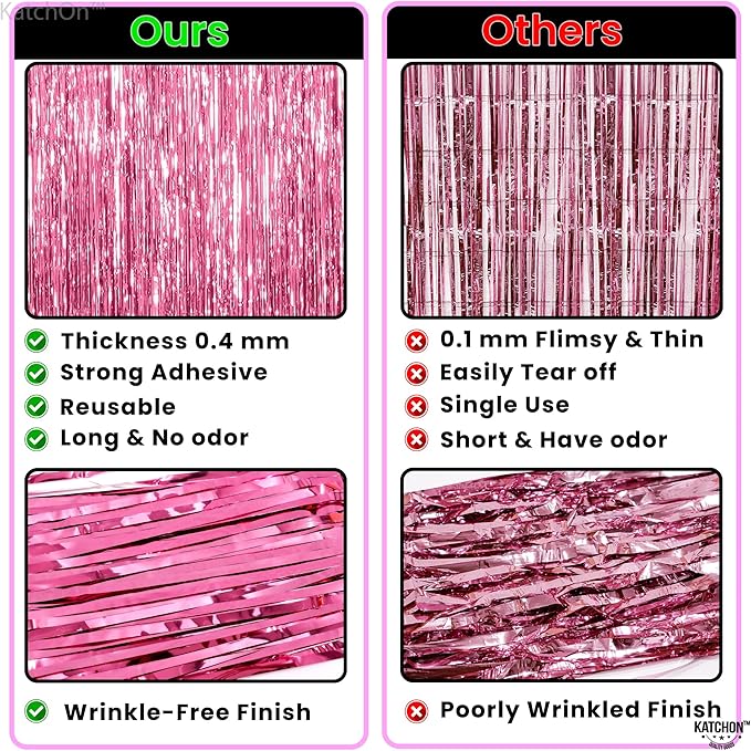 KatchOn, Pink Streamers for Party Decorations - XtraLarge 3.2x8 Feet 2Pcs Pink Backdrop Curtain Mothers Day Decorations Foil Fringe for Y2k Summer Flamingo Party Birthday Gender Reveal Decoration