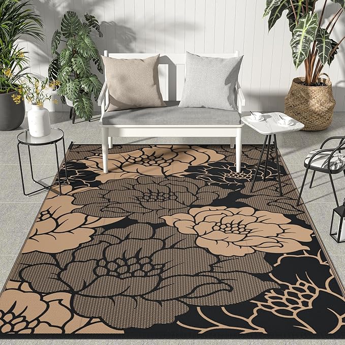 GENIMO Outdoor Rug Waterproof for Patio Decor, 8' x 10' Reversible Plastic Straw Floral Camping Carpet, Large Area Rugs Mats for RV, Camper, Deck, Balcony, Porch, Beach, Picnic, Mix-Black & Brown