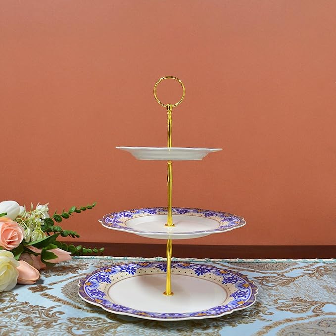 ACMLIFE 3 Tier Cupcake Stands for Dessert Table, Vintage Floral Round Cupcake Stand, Bone China Cake and Cupcake Stand for Party, Birthday, Weddings, Blue