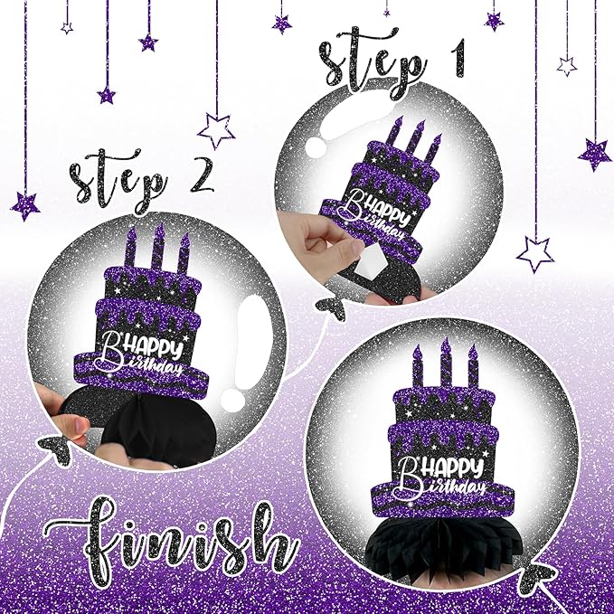 Black and Purple Birthday Decorations – 12PCS Honeycomb Table Centerpieces for Women Men Adults – Happy Birthday Table Decor Party Supplies