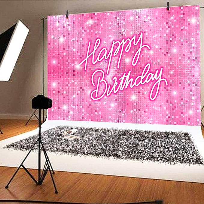 Pink Happy Birthday Backdrop 10x6 FT Polyester Girls Women Photography Background Flash Square Glitter Shimmer Wall Backdrop Photo Booth Props Decoration Party Banner