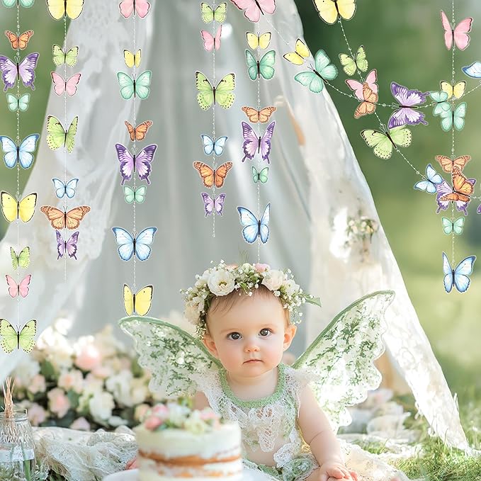 Cheerland Butterfly Garland Garden Party Decorations Pastel Floral Banner Butterflies Streamers Beads for Birthday Decoration Baby Shower Picnic Bridal Shower Spring Banner Tea Backdrop Hanging Decor