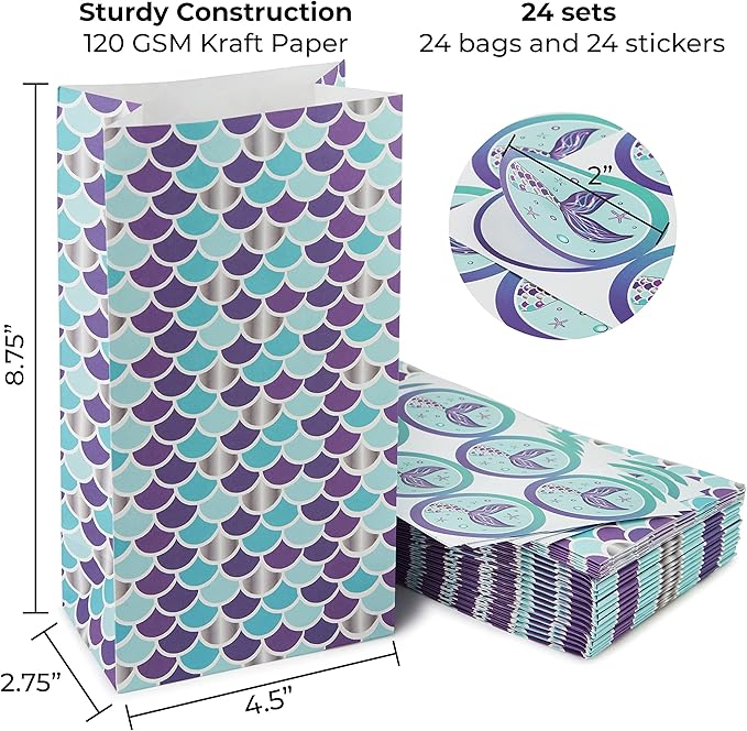 ROYAL BLUEBONNET Purple Mermaid Party Favor Bags and Stickers- 24 Little Mermaid Candy Bags for Girls Birthday Party, Small Goodie Favor Treat for Thank You Table for Birthday for Girls, Tweens, Kids