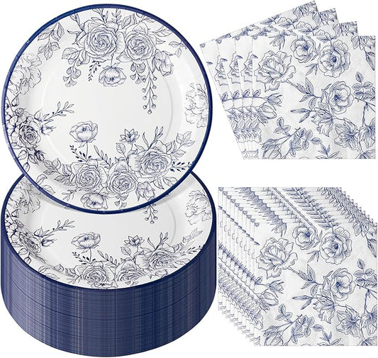 Umigy 100 Pcs Blue Floral Paper Plates and Napkins Set Blue Toile Chinoiserie Tea Party Decorations Disposable Vintage Flower Tableware Set for Wedding Baby Shower Bridal Party Supplies, Serves 50