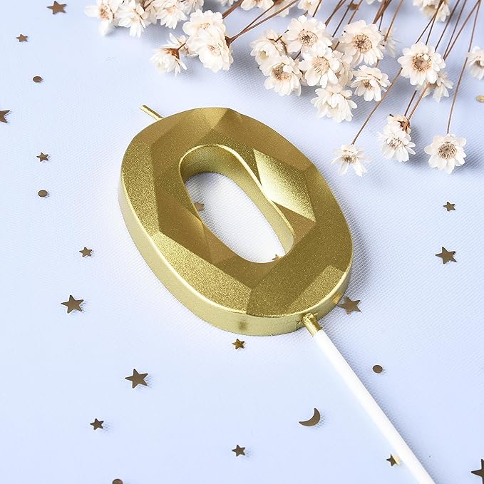 PHD CAKE 2.76 Inch Crystal Gold 0 Number Birthday Candles, Gold Number Candles, Cake Number Candles, Party Celebration