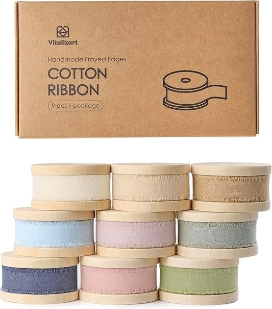 Vitalizart Cotton Ribbon Handmade Fringe 5/8" x 63 Yd 9 Rolls Mixed Color Pure Natural Cotton Ribbons for Gift Wrapping Wedding Invites Bridal Shower Bouquets Holiday Decor