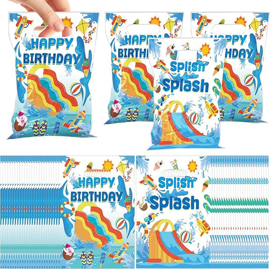 MOIZYNG 50Pcs Splish Splash Summer Birthday Gift Bags with Handles, Blue Splish Splash Happy Birthday Plastic Candy Treat Goodie Bags for Summer Pool Party Favors Supplies