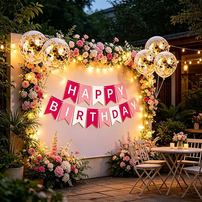 Happy Birthday Banner Sign Bunting Hanging Decorations with Shiny Gold Balloons Birthday Party Sign Decor for Party Supplies(Pink+White)
