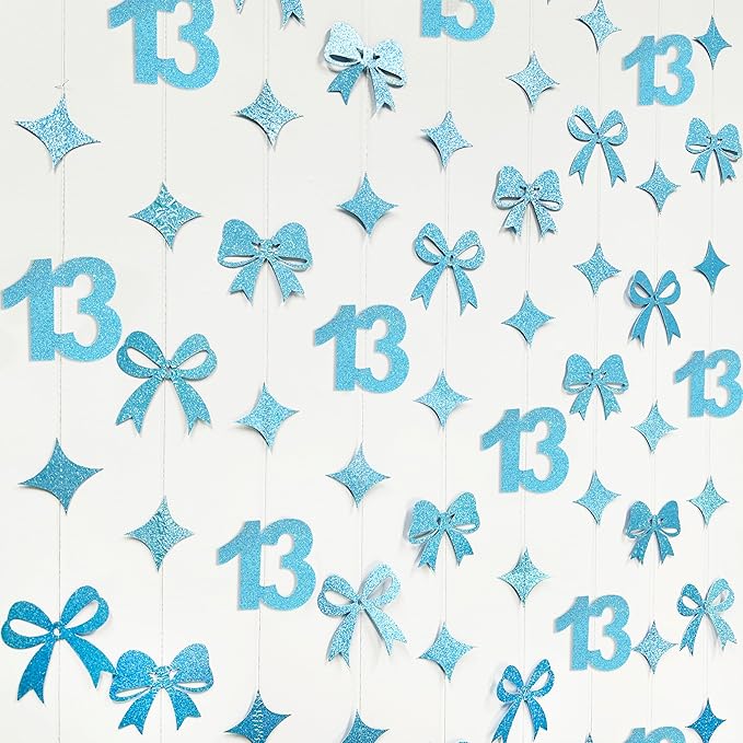 Glitter Blue 13th Bow Birthday Decorations Teal Blue Conquette Bow Garland Streamer Banner Backdrop for Girls Happy 13th Birthday Official Teenager Cheers to 13 Years Old Anniversary Party Supplies