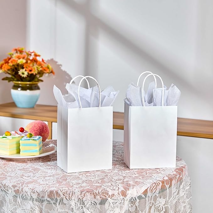 SUNCOLOR 25 Pieces 6 Inch Mini Goodie Bags Small White Gift Bags with Handles for Party Favors, Birthday Treats, and Weddings
