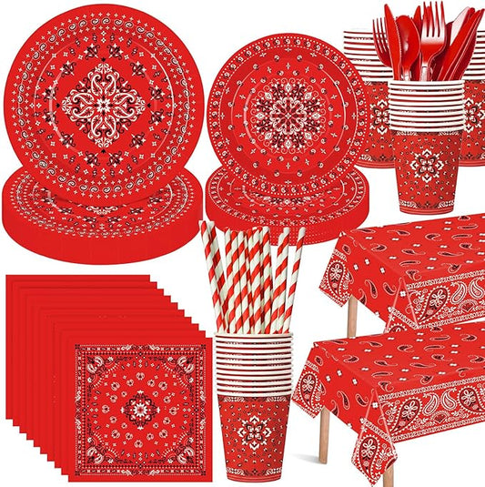 Funnymoom 452 Pcs Red Bandana Western Party Decorations for 50 Guests, Red Bandana Paper Plates Cups Napkins Tablecloth Cutlery Straws for Cowboy Cowgirl Farm Baby Shower Birthday Party Supplies