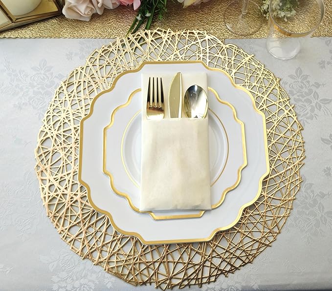 " OCCASIONS " 960 Piece set (120 Guests)-Heavyweight Wedding Party Disposable Plastic Plate Set - 120 x 10.5'' + 120 x 8'' + Silverware + Cups + Napkins (Imperial White & Gold)