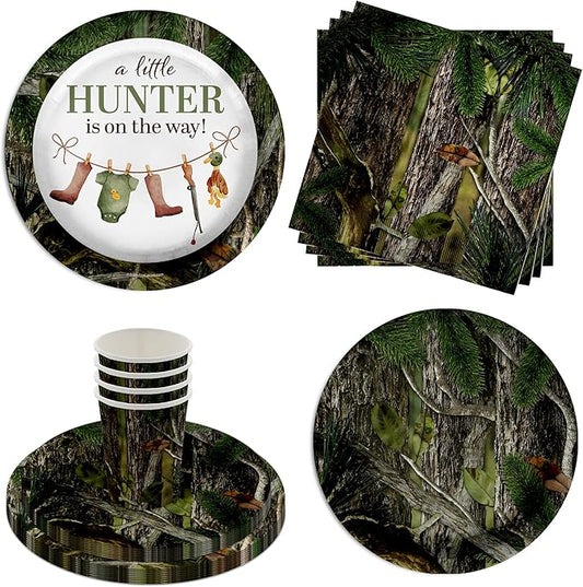 Birthday Galore Duck Hunter Baby Shower - 64 Piece Hunting Baby Shower Tableware Set Includes Large 9" Dinner Plates and 8" Dessert Paper Plates Napkins Cups - Kit for 16