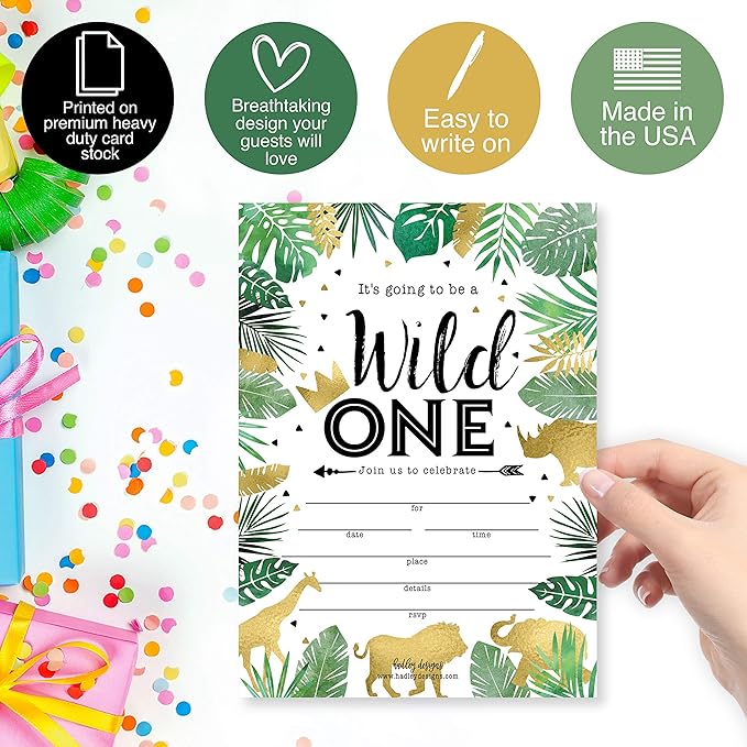 Hadley Designs Kids Birthday Invitations For Boys and Girls Safari Theme - 25 Wild One 1st Birthday Party Invitations For Boys, Jungle Invites For Girls, Cute Animals Party Supplies, Made In USA