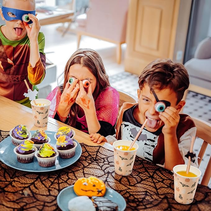 Cheerland Halloween Party Cups Pumpkin Disposable Paper Cups for Kid Spooky Ghost Birthday Party Cup Pink Halloween with Pastel Bat Cat Print Kids Birthday Summerween Supplies Pack of 50