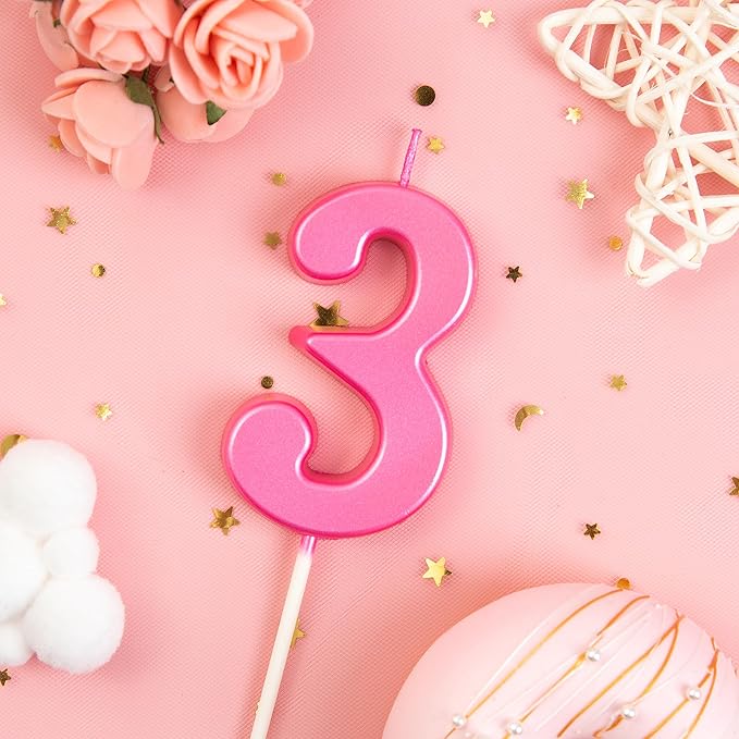 PHD CAKE 2.76 Inch Modern Pink 3 Number Birthday Candles, Pink Number Candles, Cake Number Candles, Party Celebration