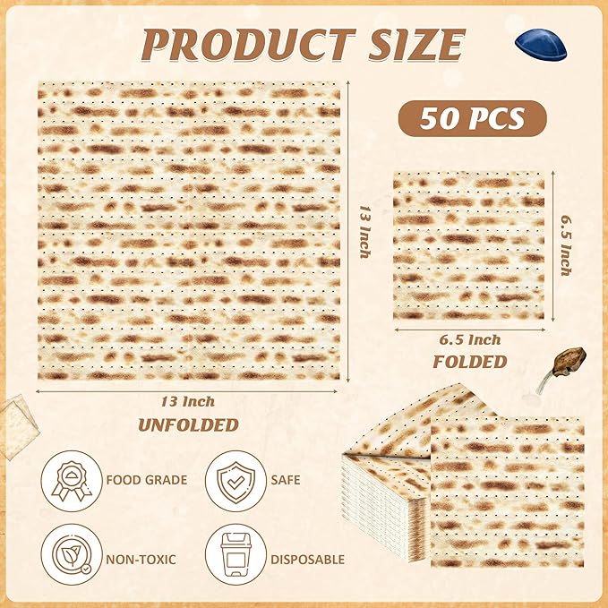 50Pcs Passover Decorations, 6.5" X 6.5" Seder Dinner Napkins, Disposable Passover Napkins, Seder Matzo Napkins Pesach Table Decorations for Jewish Festival Kitchen Table Party Supplies