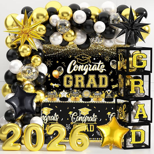 Graduation Decorations Class of 2026 Congrats Grad 2026 Party Supplies Include Backdrop Tablecloth Balloon Boxes with Letters Honeycomb Centerpieces Balloon Arch Kit Foil Balloons (Black and Gold)
