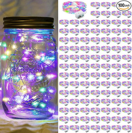 Fairy Lights 7Ft 20 LED Twinkle String Lights 3 Modes Battery Operated Waterproof Firefly Starry for Mason Jar Party Wedding Easter Valentines Day Table Centerpieces(Rainbow-Pastel,100 Pack)