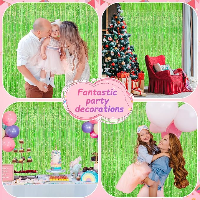 2Pack Iridescent Green Metallic Tinsel Foil Fringe Curtains, Door Streamers Photo Booth Backdrop for Birthday Party, Tinsel Curtain Backdrop for Baby Shower Bachelorette Christmas Party Decorations