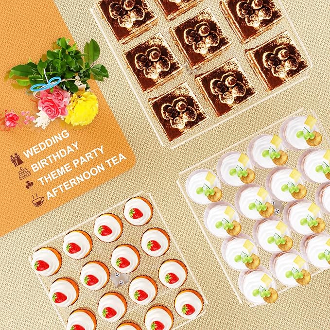 Bakzon 3 Piece Cupcake Stand, Acrylic Dessert Table Display Set, Clear Square Serving Trays for Birthday, Wedding, Baby Shower