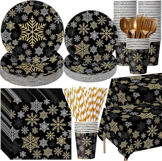 Funnymoom 452 Pcs Christmas Snowflake Party Supplies Black Gold and Sliver Snowflake Paper Plates and Napkins Cups Tablecloth Cutlery Straws for 50 Guests Winter Xmas Birthday Party Decoration
