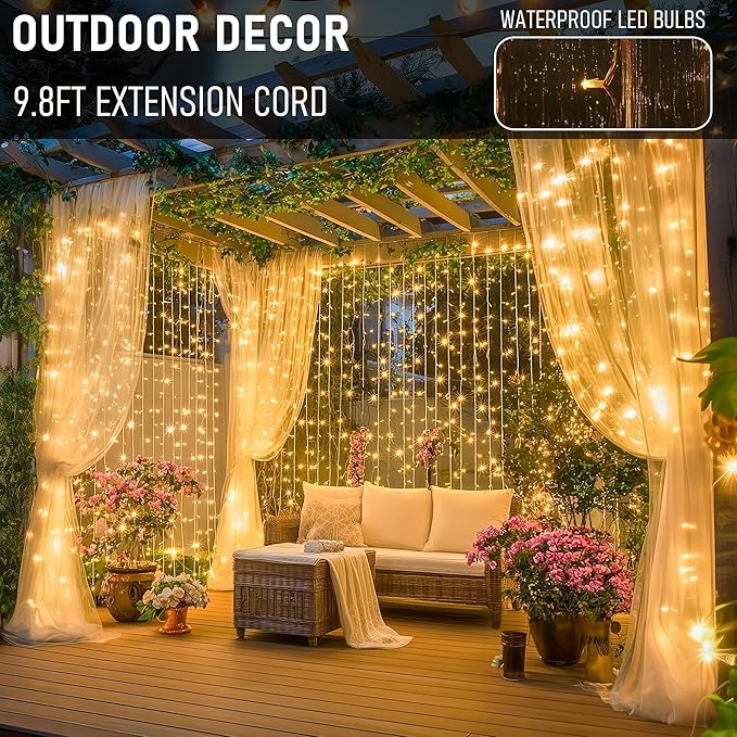 Dazzle Bright 300 LED Curtain Lights, Plug in Fairy Curtain Lights for Bedroom, Christmas Hanging String Lights Outdoor for Window Backdrop Wall Wedding Patio Indoor Dorm Party Decor, Warm White