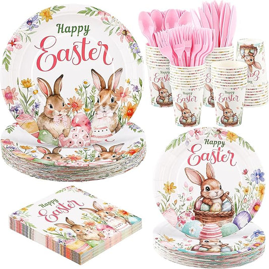 Kochorie 175 Pieces Easter Paper Plates and Napkins Disposable Colorful Eggs Easter Bunny Flower Tableware Set 7 Inch & 9 Inch Plates Napkins Cups Cutlery for Spring Holiday Party Decor, Serve 25